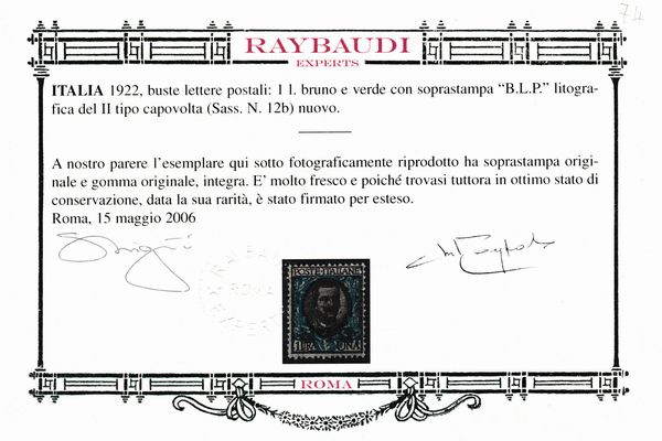 1922 � Regno d�Italia - Buste Lettere Postali � 1 lire bruno e verde, soprastampa �B.L.P.�, II tipo, capovolta (Sass. 12b).  - Asta Filatelia e Storia Postale - Associazione Nazionale - Case d'Asta italiane