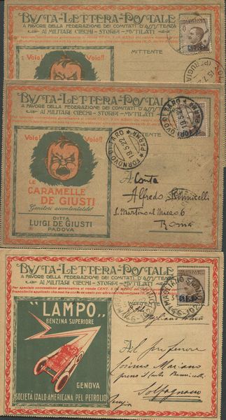 1922 - Regno dItalia - Buste Lettere Parlanti - Due cartolina con tagliando serie nazionali Caramelle De Giusti ed una serie Lazio Benzina Lampo al retro Automobili SCAT. Le prime due affrancate con 40c. bruno, I tipo, soprastampa azzurra (Sass. 4) e la terza con 40c. bruno, II tipo, soprastampa azzurra (Sass. 9).  - Asta Filatelia e Storia Postale - Associazione Nazionale - Case d'Asta italiane