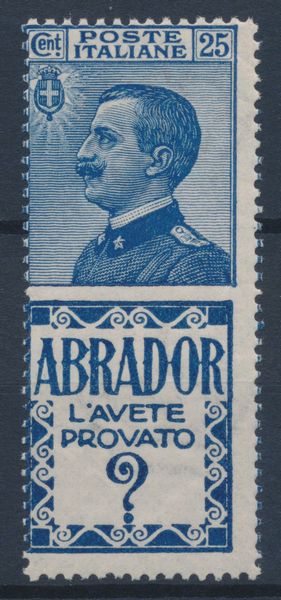 1924  Regno dItalia  Francobolli pubblicitari  25 cent. azzurro e azzurro chiaro ABRADOR (Sass. 4).  - Asta Filatelia e Storia Postale - Associazione Nazionale - Case d'Asta italiane