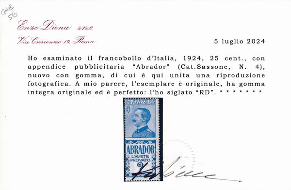 1924  Regno dItalia  Francobolli pubblicitari  25 cent. azzurro e azzurro chiaro ABRADOR (Sass. 4).  - Asta Filatelia e Storia Postale - Associazione Nazionale - Case d'Asta italiane