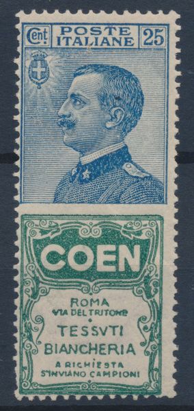 1924  Regno dItalia  Francobolli pubblicitari  25 cent. azzurro e verde COEN (Sass. 5).  - Asta Filatelia e Storia Postale - Associazione Nazionale - Case d'Asta italiane