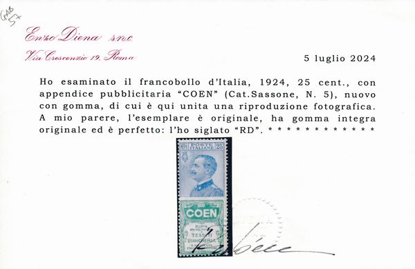 1924  Regno dItalia  Francobolli pubblicitari  25 cent. azzurro e verde COEN (Sass. 5).  - Asta Filatelia e Storia Postale - Associazione Nazionale - Case d'Asta italiane