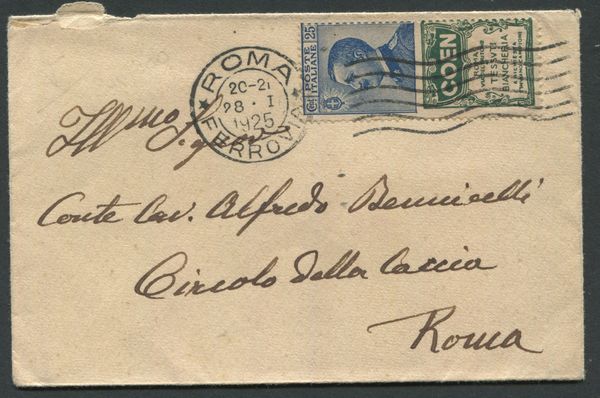 1925 - Regno dItalia - Letterina della Vice presidenza del Senato da Roma a Roma affrancata con francobollo pubblicitario 25c. azzurro Coen (Sass. 5).  - Asta Filatelia e Storia Postale - Associazione Nazionale - Case d'Asta italiane