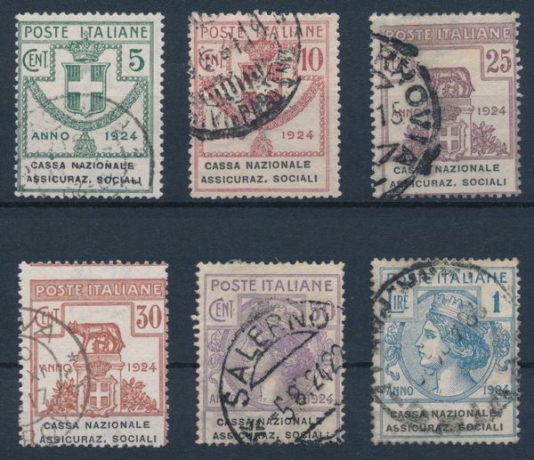 1924  Regno dItalia  Enti parastatali  CASSA NAZIONALE ASSICURAZ. SOCIALI serie completa usata (Sass. S.2904).  - Asta Filatelia e Storia Postale - Associazione Nazionale - Case d'Asta italiane