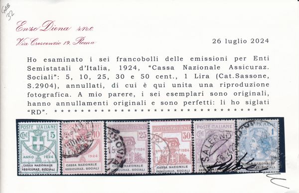 1924  Regno dItalia  Enti parastatali  CASSA NAZIONALE ASSICURAZ. SOCIALI serie completa usata (Sass. S.2904).  - Asta Filatelia e Storia Postale - Associazione Nazionale - Case d'Asta italiane