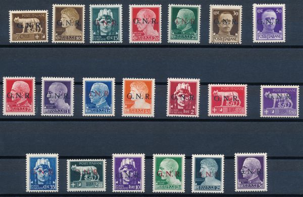 1944  Repubblica Sociale Italiana  Emissione della Guardia Nazionale Repubblicana con soprastampa G.N.R. di Verona serie cpl. di 20 valori (Sass. S.101b).  - Asta Filatelia e Storia Postale - Associazione Nazionale - Case d'Asta italiane