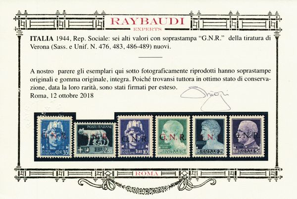 1944  Repubblica Sociale Italiana  Emissione della Guardia Nazionale Repubblicana con soprastampa G.N.R. di Verona serie cpl. di 20 valori (Sass. S.101b).  - Asta Filatelia e Storia Postale - Associazione Nazionale - Case d'Asta italiane