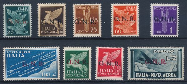 1944  Repubblica Sociale Italiana  Posta Aerea - Emissione della Guardia Nazionale Repubblicana con soprastampa G.N.R. di Verona serie cpl. di 9 valori compreso lAereoespresso (Sass. S.1521).  - Asta Filatelia e Storia Postale - Associazione Nazionale - Case d'Asta italiane