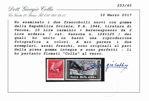 1944  Repubblica Sociale Italiana  Posta Aerea - Emissione della Guardia Nazionale Repubblicana con soprastampa G.N.R. di Verona serie cpl. di 9 valori compreso lAereoespresso (Sass. S.1521).  - Asta Filatelia e Storia Postale - Associazione Nazionale - Case d'Asta italiane