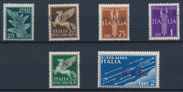 1944  Repubblica Sociale Italiana  Posta Aerea - Emissione della Guardia Nazionale Repubblicana con soprastampa G.N.R. di Brescia, I tipo sui valori da 25c. verde scuro, 50c. bruno, 75c. bruno giallo, 1l. violetto e 5l. verde, del II tipo sul 2l. azzurro (Sass. 117/I, 118/I, 119/I, 121/I, 122/II, 123/I).  - Asta Filatelia e Storia Postale - Associazione Nazionale - Case d'Asta italiane