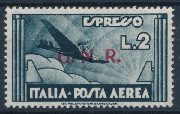 1944  Repubblica Sociale Italiana  Posta Aerea - Emissione della Guardia Nazionale Repubblicana con soprastampa G.N.R. di Verona  Espresso Aereo 2 lire ardesia (Sass. 125).  - Asta Filatelia e Storia Postale - Associazione Nazionale - Case d'Asta italiane