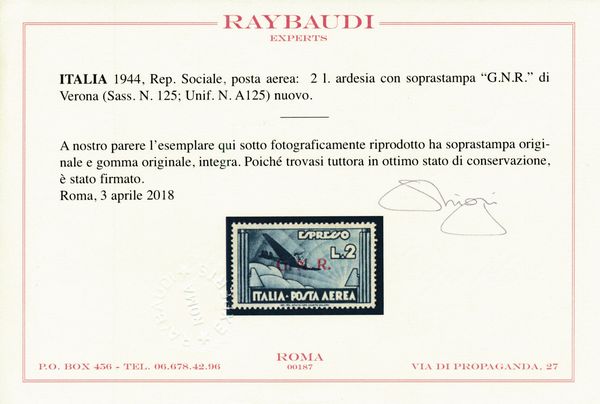 1944  Repubblica Sociale Italiana  Posta Aerea - Emissione della Guardia Nazionale Repubblicana con soprastampa G.N.R. di Verona  Espresso Aereo 2 lire ardesia (Sass. 125).  - Asta Filatelia e Storia Postale - Associazione Nazionale - Case d'Asta italiane
