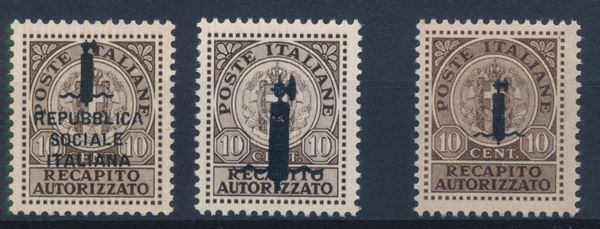 1944  Repubblica Sociale Italiana  Recapito Autorizzato  I due non emessi ed il valore emesso (Sass. 3A, 3B e 4).  - Asta Filatelia e Storia Postale - Associazione Nazionale - Case d'Asta italiane