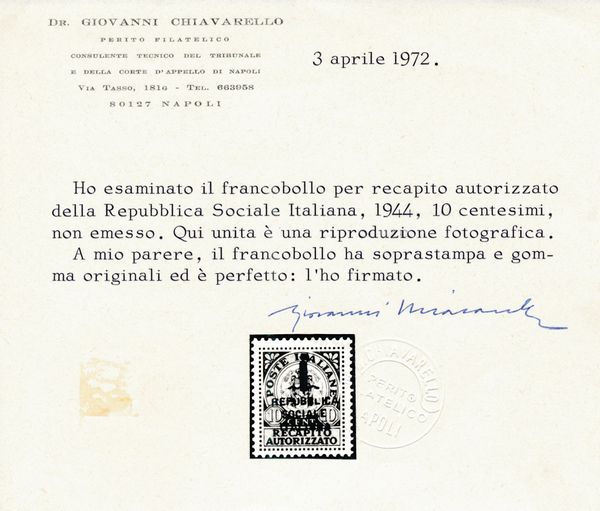 1944  Repubblica Sociale Italiana  Recapito Autorizzato  I due non emessi ed il valore emesso (Sass. 3A, 3B e 4).  - Asta Filatelia e Storia Postale - Associazione Nazionale - Case d'Asta italiane