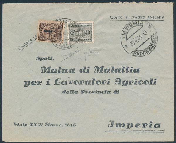 1944  Repubblica Sociale Italiana  Recapito autorizzato   Busta da Imperia a citt con 10 cent. bruno soprastampa fascetto e, Regno 1934, 40 cent. grigio bruno (Sass. 4 e 39) in affrancatura mista demergenza per 50c. come tassa semplice a carico annullo circolare IMPERIA n. 1 / (VIA CARLO ARBERTO) / 30.4.44.  - Asta Filatelia e Storia Postale - Associazione Nazionale - Case d'Asta italiane