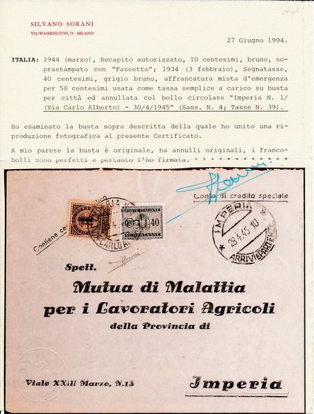 1944  Repubblica Sociale Italiana  Recapito autorizzato   Busta da Imperia a citt con 10 cent. bruno soprastampa fascetto e, Regno 1934, 40 cent. grigio bruno (Sass. 4 e 39) in affrancatura mista demergenza per 50c. come tassa semplice a carico annullo circolare IMPERIA n. 1 / (VIA CARLO ARBERTO) / 30.4.44.  - Asta Filatelia e Storia Postale - Associazione Nazionale - Case d'Asta italiane