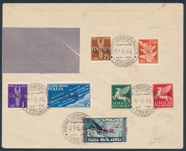 1944  Repubblica Sociale Italiana  Posta Aerea - Emissione della Guardia Nazionale Repubblicana con soprastampa G.N.R. di Verona  Busta non inoltrata recante i valori da 75c. bruno giallo, 80c. arancio, 1l. violetto, 2l. azzurro, 5l. verde, 10l. carminio e lEspresso aereo da 2l. violetto annullati (Sass. 119-125).  - Asta Filatelia e Storia Postale - Associazione Nazionale - Case d'Asta italiane