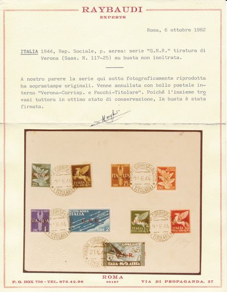 1944  Repubblica Sociale Italiana  Posta Aerea - Emissione della Guardia Nazionale Repubblicana con soprastampa G.N.R. di Verona  Busta non inoltrata recante i valori da 75c. bruno giallo, 80c. arancio, 1l. violetto, 2l. azzurro, 5l. verde, 10l. carminio e lEspresso aereo da 2l. violetto annullati (Sass. 119-125).  - Asta Filatelia e Storia Postale - Associazione Nazionale - Case d'Asta italiane