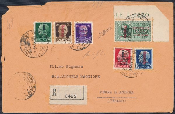 1944 - Repubblica Sociale Italiana  Raccomandata da Roma a Penna S. Andrea (Teramo) affrancata con la serie completa dei francobolli ordinari R.S.I. (Sass. S. 107), e con lespresso 1,25 lire soprastampa rossa.  - Asta Filatelia e Storia Postale - Associazione Nazionale - Case d'Asta italiane