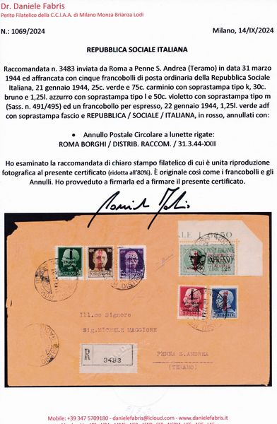 1944 - Repubblica Sociale Italiana  Raccomandata da Roma a Penna S. Andrea (Teramo) affrancata con la serie completa dei francobolli ordinari R.S.I. (Sass. S. 107), e con lespresso 1,25 lire soprastampa rossa.  - Asta Filatelia e Storia Postale - Associazione Nazionale - Case d'Asta italiane