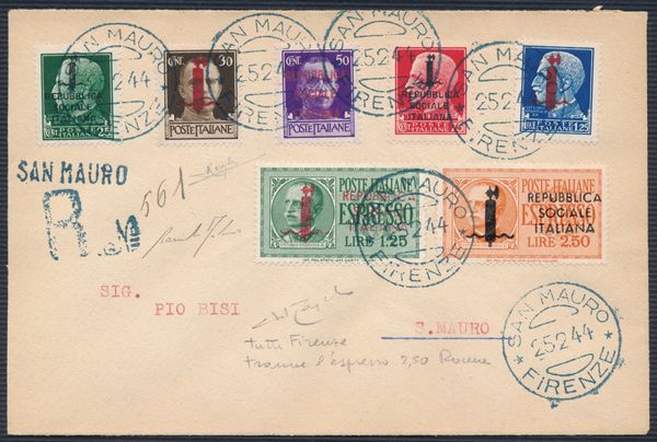 1944  Repubblica Sociale Italiana  Raccomandata da San Mauro (FI) a citt affrancata con la serie completa dei francobolli ordinari R.S.I., Tiratura di Firenze (Sass. S. 107) e con i due espressi, di cui il 2,50 tiratura Roma.  - Asta Filatelia e Storia Postale - Associazione Nazionale - Case d'Asta italiane