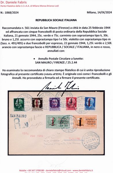 1944  Repubblica Sociale Italiana  Raccomandata da San Mauro (FI) a citt affrancata con la serie completa dei francobolli ordinari R.S.I., Tiratura di Firenze (Sass. S. 107) e con i due espressi, di cui il 2,50 tiratura Roma.  - Asta Filatelia e Storia Postale - Associazione Nazionale - Case d'Asta italiane