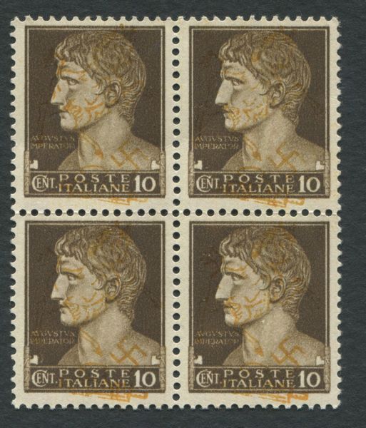 1943 - Luogotenenza - Napoli - Saggio serie Imperiale 10c. Soprastampa arancio a mano effettuata presso la Tipografia Raimondi di Napoli.  - Asta Filatelia e Storia Postale - Associazione Nazionale - Case d'Asta italiane
