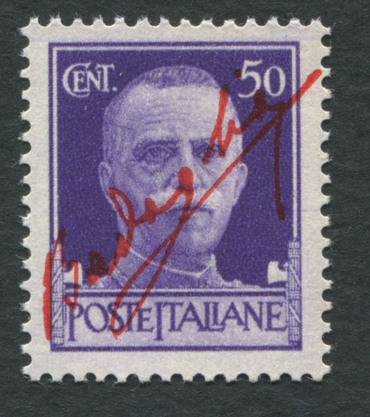1943 - Luogotenenza - 50 cent. violetto Imperiale con soprastampa tipografica in rosso vermiglio firma di Badoglio in diagonale, non emesso, gomma integra.  - Asta Filatelia e Storia Postale - Associazione Nazionale - Case d'Asta italiane