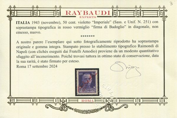 1943 - Luogotenenza - 50 cent. violetto Imperiale con soprastampa tipografica in rosso vermiglio firma di Badoglio in diagonale, non emesso, gomma integra.  - Asta Filatelia e Storia Postale - Associazione Nazionale - Case d'Asta italiane
