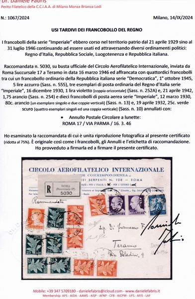 1946  Luogotenenza - Uso tardivo dei francobolli del Regno  Raccomandata da Roma a Teramo il 15 marzo affrancata con un francoboll della Repubblica italiana serie Democratica, 5 lire azzurro (Sass. 555) e tredici francobolli del Regno dItalia serie Imperiale, 1 lira violetto (Sass. 2529, 1,75 lire arancio (Sass. 254) e, posta aerea, 80 cent. arancio e 25 cent. verde (Sass. 13 e 10).  - Asta Filatelia e Storia Postale - Associazione Nazionale - Case d'Asta italiane