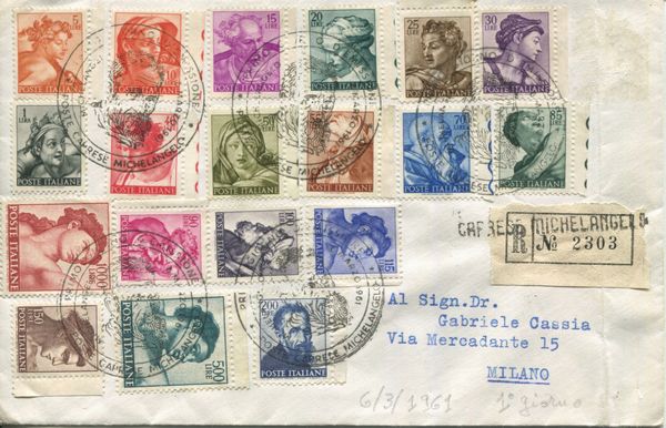 1961 - Repubblica italiana - serie completa �Michelangiolesca� su unica Raccomandata per Milano del 6 marzo, primo giorno d�emissione (Sass. S.200a).  - Asta Filatelia e Storia Postale - Associazione Nazionale - Case d'Asta italiane