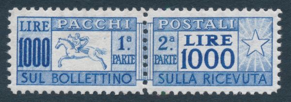 1955 - Repubblica italiana  Pacchi postali  1.000 lire azzurro oltremare Cavallino, filigrana ruota II CS, dent. L 13  (Sass. 81/I).  - Asta Filatelia e Storia Postale - Associazione Nazionale - Case d'Asta italiane