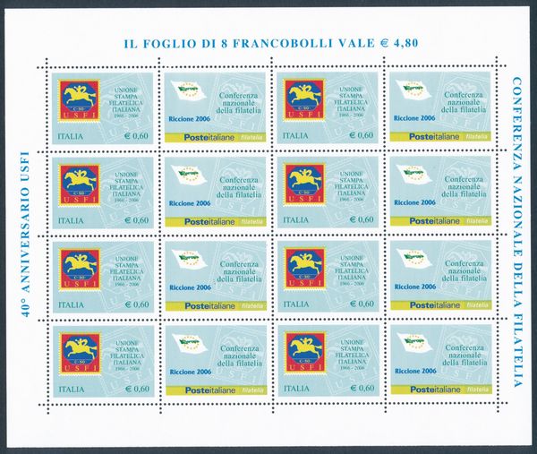 2006 - Repubblica italiana - Foglietti - Unione Stampa Filatelica Italiana - Variet senza la stampa del colore nero e taglio fortemente spostato (Sass. Spec. 49Aa e 49Ca).  - Asta Filatelia e Storia Postale - Associazione Nazionale - Case d'Asta italiane