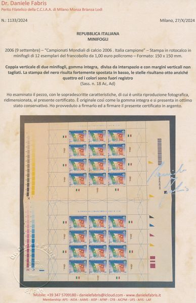 2006 - Repubblica italiana - Minifogli - Campionato mondiale di calcio 2006. Italia campione - Coppia verticale di due minifogli contenenti  dodici francobolli da 1,00 euro divisa da interpazio e con margini verticali non tagliati, inoltre tutti i francobolli presentano la variet  otto stelle e colori fuori registro  (Sass. Spec. 18 Aa-Ad-Ca).  - Asta Filatelia e Storia Postale - Associazione Nazionale - Case d'Asta italiane