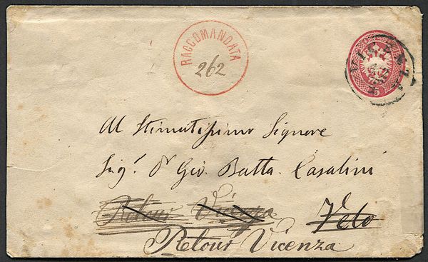 1866 - Lombardo-Veneto - Intero postale raccomandato da 5 soldi da Vicenza per Velo dAstico del 12 aprile.  - Asta Filatelia e Storia Postale - Associazione Nazionale - Case d'Asta italiane