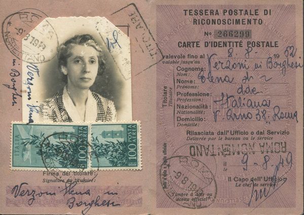 1949 - Repubblica italiana - Tessera postale di riconoscimento affrancata  con due francobolli di posta aerea 100 lire Campidoglio.  - Asta Filatelia e Storia Postale - Associazione Nazionale - Case d'Asta italiane