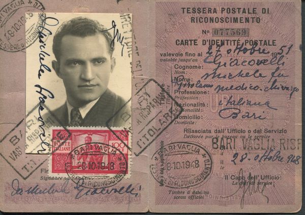 1948 - Repubblica italiana - Tessera postale di riconoscimento affrancata con 100 lire carminio scuroDemocratica.  - Asta Filatelia e Storia Postale - Associazione Nazionale - Case d'Asta italiane