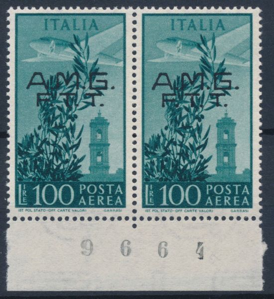 1948 � Territorio libero di Trieste � Zona A � Posta aerea - 100 lire verde azzurro, coppia orizzontale bdf, soprastampata localmente �A.M.G. / F.T.T.� (Sass. 13).  - Asta Filatelia e Storia Postale - Associazione Nazionale - Case d'Asta italiane