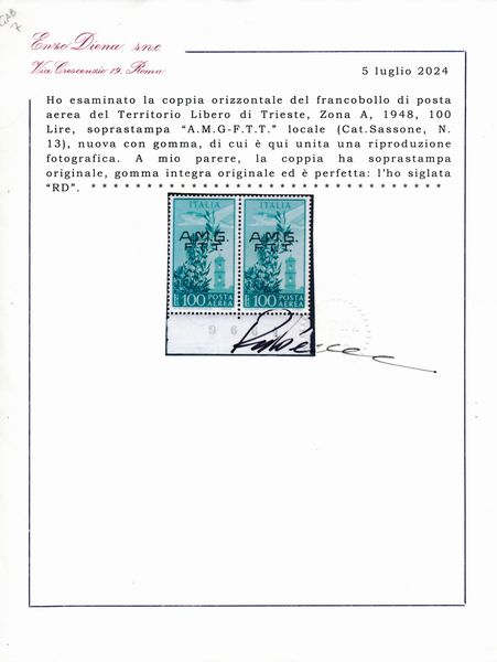 1948 � Territorio libero di Trieste � Zona A � Posta aerea - 100 lire verde azzurro, coppia orizzontale bdf, soprastampata localmente �A.M.G. / F.T.T.� (Sass. 13).  - Asta Filatelia e Storia Postale - Associazione Nazionale - Case d'Asta italiane