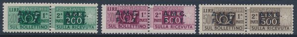 1947-48 - Territorio libero di Trieste  Zona A  Pacchi postali  Francobolli per pacchi postali soprastampati, i tre alti valori (Sass. 10, 11, 12).  - Asta Filatelia e Storia Postale - Associazione Nazionale - Case d'Asta italiane