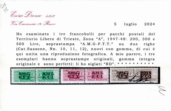 1947-48 - Territorio libero di Trieste  Zona A  Pacchi postali  Francobolli per pacchi postali soprastampati, i tre alti valori (Sass. 10, 11, 12).  - Asta Filatelia e Storia Postale - Associazione Nazionale - Case d'Asta italiane