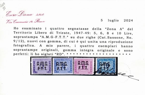 1947-49 - Territorio libero di Trieste � Zona A � Segnatasse � Segnatasse del 1947 soprastampati, 5, 6, 8 e 10 lire (Sass. 9/12).  - Asta Filatelia e Storia Postale - Associazione Nazionale - Case d'Asta italiane