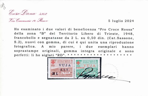 1948 - Territorio libero di Trieste � Zona B � �Pro Croce Rossa�, serie completa (Sass. S.2).  - Asta Filatelia e Storia Postale - Associazione Nazionale - Case d'Asta italiane