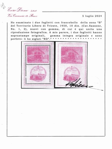 1948 - Territorio libero di Trieste � Zona B � Foglietti - �Centenario delle ferrovie jugoslave�, 10 d. lilla rosa, foglietto dentellato e non dentellato (Sass. 1, 2).  - Asta Filatelia e Storia Postale - Associazione Nazionale - Case d'Asta italiane