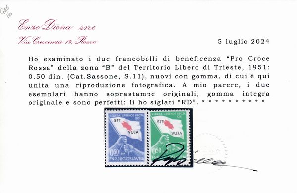 1951 - Territorio libero di Trieste � Zona B � �Pro Croce Rossa�, serie completa (Sass. S.11).  - Asta Filatelia e Storia Postale - Associazione Nazionale - Case d'Asta italiane