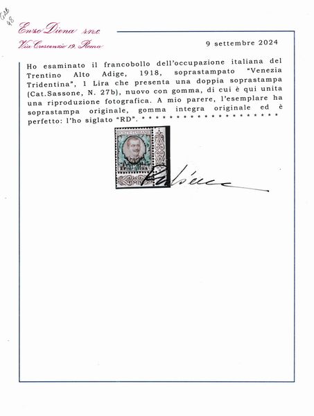 1918  Regno dItalia  Occupazioni I Guerra Mondiale  Terre Redente  Trentino-Alto Adige  Francobolli dItalia soprastampati VENEZIA TRIDENTINA  - 1 lira bruno e verde variet doppia soprastampa adf (Sass. 27b).  - Asta Filatelia e Storia Postale - Associazione Nazionale - Case d'Asta italiane