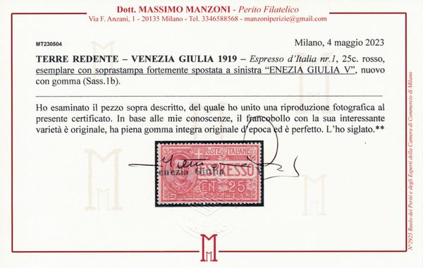 1919  Regno dItalia  Occupazioni I Guerra Mondiale  Terre Redente  Venezia Giulia  Espresso dItalia 25c. rosso variet soprastampa fortemente spostata a sinistra enezia Giulia V (Sass. 1b).  - Asta Filatelia e Storia Postale - Associazione Nazionale - Case d'Asta italiane