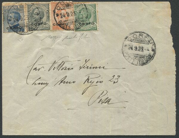 1923 - Occupazioni I guerra mondiale - Occupazione militare italiana - Corf - Busta da Corf a Pisa del 24 settembre affrancata con francobolli dItalia, 1906-23, 5c. verde, 15c. grigio, 20c. arancio e 60c. azzurro soprastampati CORFU (Sass. 1, 3, 4 e 7).  - Asta Filatelia e Storia Postale - Associazione Nazionale - Case d'Asta italiane