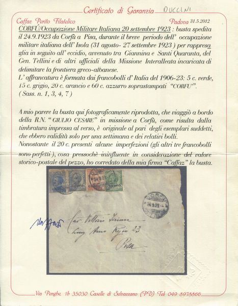 1923 - Occupazioni I guerra mondiale - Occupazione militare italiana - Corf - Busta da Corf a Pisa del 24 settembre affrancata con francobolli dItalia, 1906-23, 5c. verde, 15c. grigio, 20c. arancio e 60c. azzurro soprastampati CORFU (Sass. 1, 3, 4 e 7).  - Asta Filatelia e Storia Postale - Associazione Nazionale - Case d'Asta italiane
