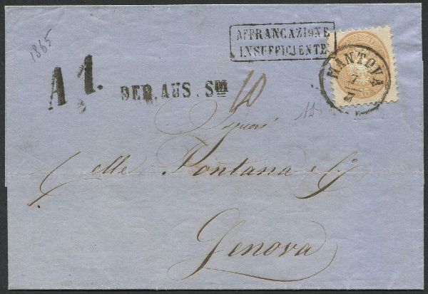 1865 - Lombardo Veneto - Lettera da Mantova per Genova, via Bologna, del 7 luglio affrancata con 15 soldi (S. 45), dalla I distanza austriaca alla II italiana, tassata per 10 soldi ma con assenza di ulteriore tassazione italiana.  - Asta Filatelia e Storia Postale - Associazione Nazionale - Case d'Asta italiane